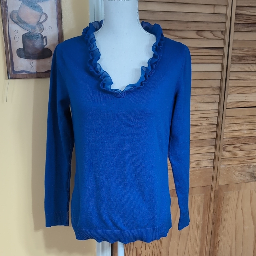 Ann Taylor Royal Blue Ruffled V-Neck Sweater Lightweight L